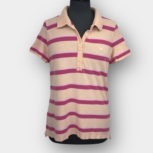 American Eagle Pink & Cream Striped Polo Shirt Women's XL Slim Fit (Runs Small) - Picture 1 of 9